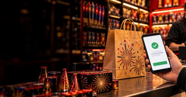 Bolsa de compra y móvil con pedido confirmado en el mostrador de una tienda de pirotecnia