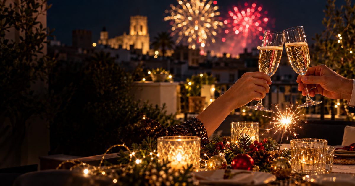 Brindis con cava y bengala en una terraza de Valencia con fuegos artificiales en Nochevieja