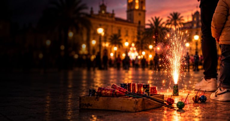 Fuente de chispas encendida en una plaza de Valencia junto a bombetas y petardos infantiles, con un adulto y un niño a distancia