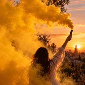 Sesión de fotos con humo de color amarillo al atardecer