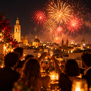 Brindis bajo fuegos artificiales en Nochevieja en Valencia