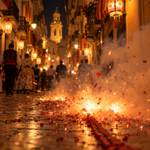 Traca de petardos en una calle de Valencia durante Fallas